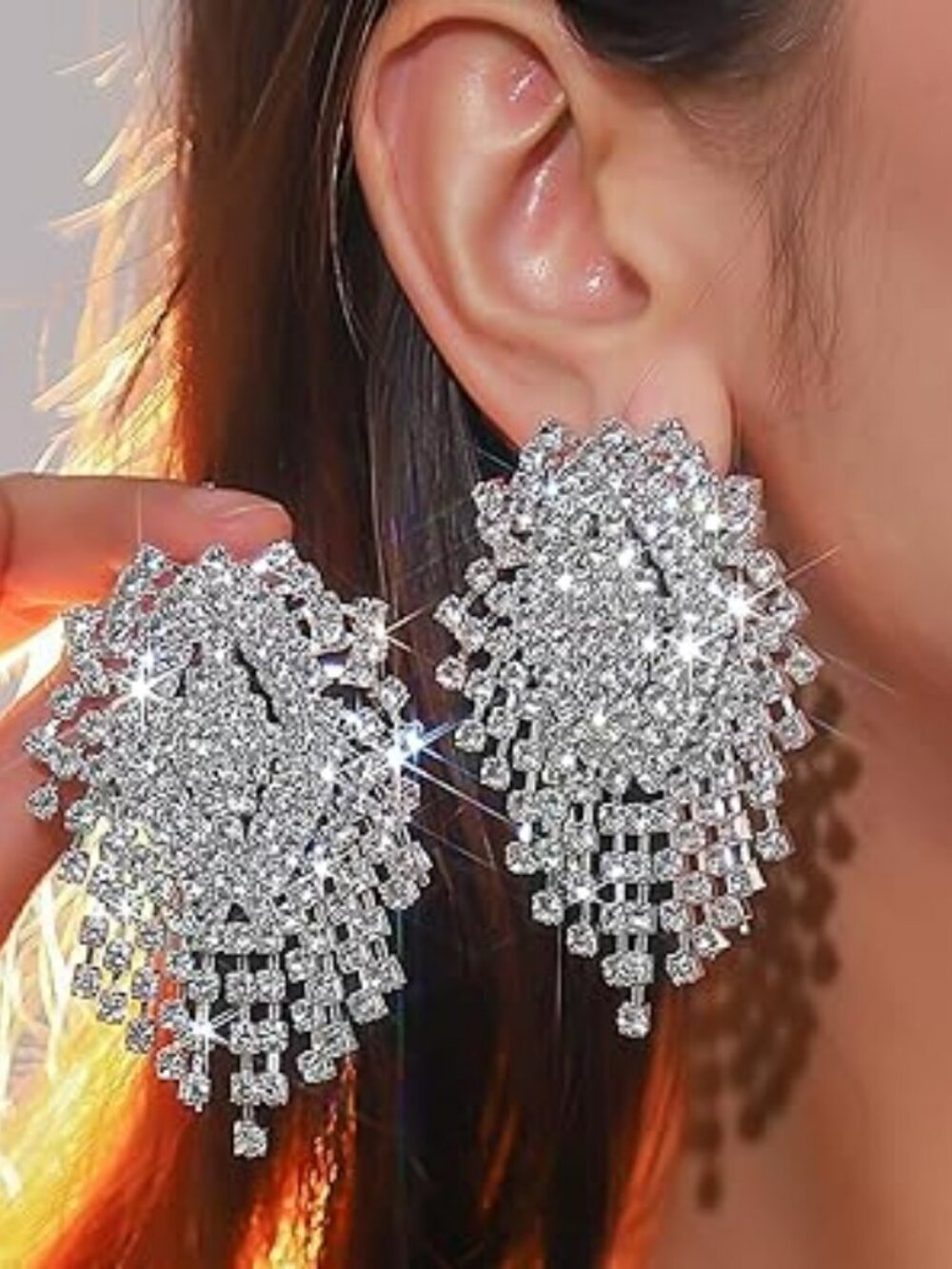 Stunning Long Fringe Drop Dangle Earrings Shiny Silver Crystal Tassel Chunky